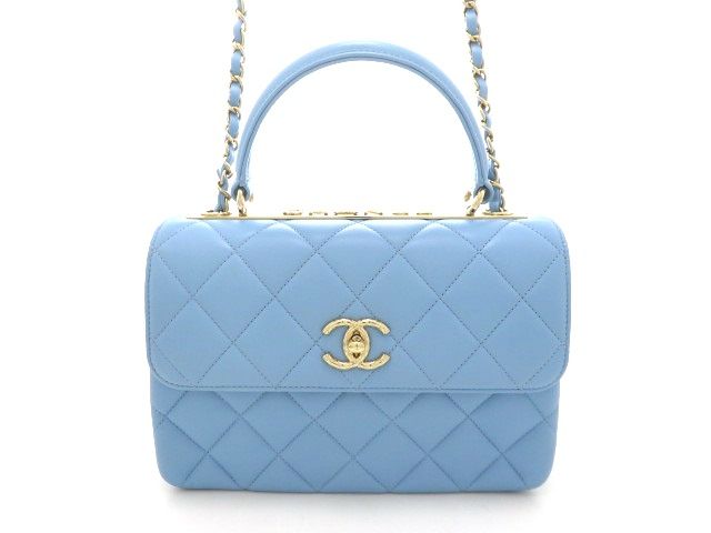CHANEL シャネル トレンディCC トップハンドル マトラッセ ココマーク A92236 ショルダーバッグ ラムスキン ライトブルー レディース【中古】【473】