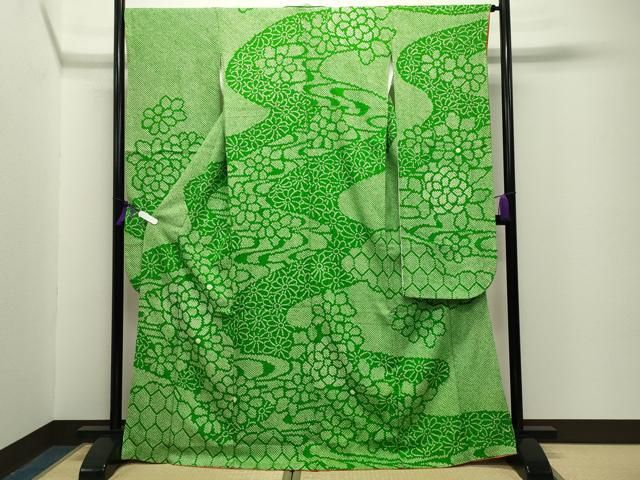 平和屋着物●豪華振袖　本疋田絞り　流水文　正絹　逸品　AABG8518ph 平和屋着物○豪華振袖 型染め 流水風景草花文 正絹 逸品 AABH8311phの