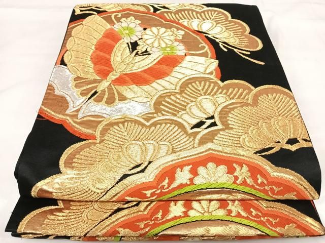 平和屋着物◎六通柄袋帯 唐織 花蝶松文 黒地 金銀糸 三越扱い 正絹 逸品 AABI5429yx