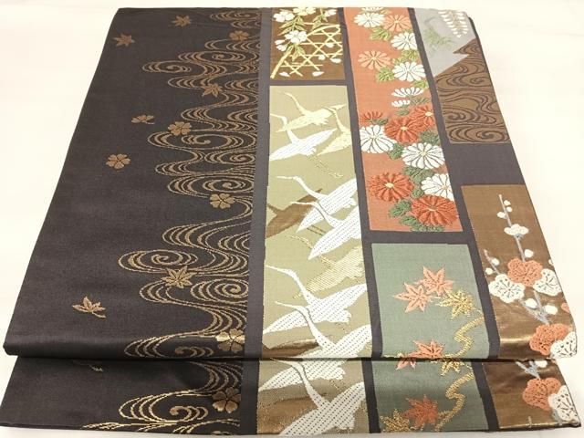 平和屋着物◎六通柄袋帯　唐織　飛鶴流水花文　金糸　正絹　逸品　AABI5434yx