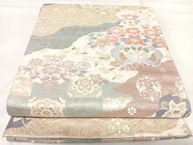 平和屋着物◎六通柄袋帯　双鳥花文　金糸　正絹　逸品　AABI5435yx