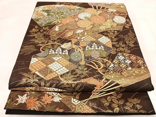 平和屋着物◎六通柄袋帯　高台寺蒔絵　扇面文箱菊紋　金糸　正絹　逸品　AABI5444yx