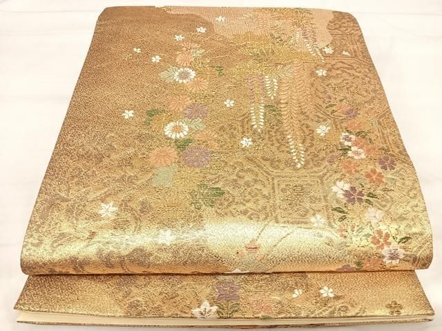 平和屋着物◎六通柄袋帯　正倉院花文　金糸　正絹　逸品　AABI5446yx