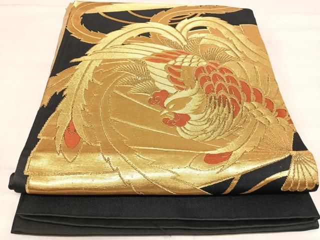 平和屋着物◎西陣　田中義織物謹製　六通柄袋帯　扇面鳳凰文　黒地　金糸　AABI5447yx