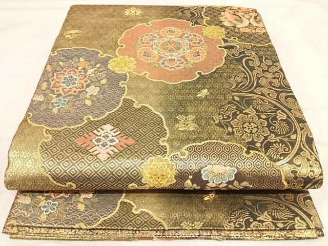 平和屋着物◎全通柄袋帯　唐織　花樹唐花文　金糸　正絹　逸品　AABI5454yx