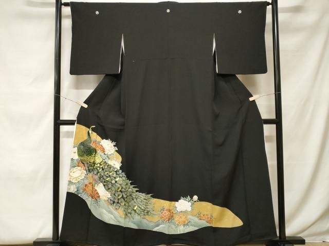 平和屋着物■豪華黒留袖　刺繍　孔雀花文　金彩　正絹　逸品　CABF9814ev