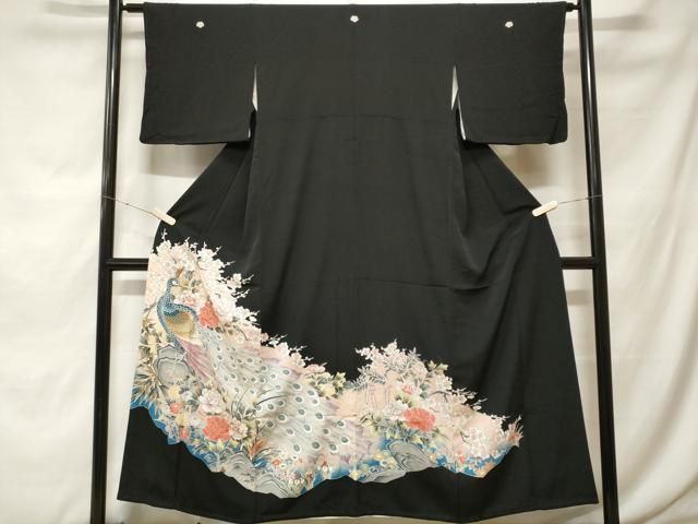 平和屋着物■豪華黒留袖　刺繍　孔雀草花文　暈し染め　金彩　正絹　逸品　CABF9828ev