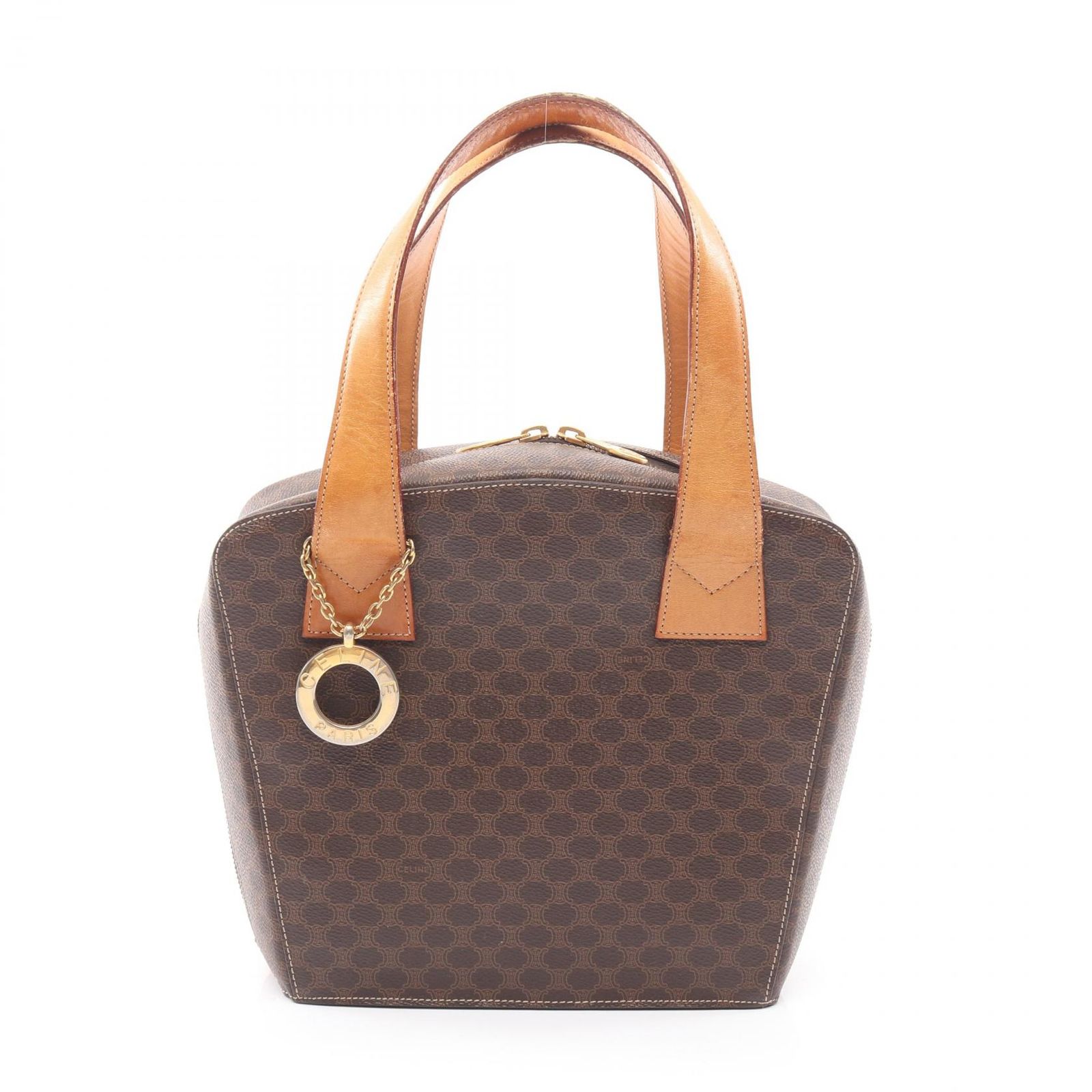 セリーヌ CELINE ハンドバッグ マカダム ラウンドチャーム ダークブラウン ブラウン PVCコーティングキャンバス レザー マカダム ハンド レディース Used C