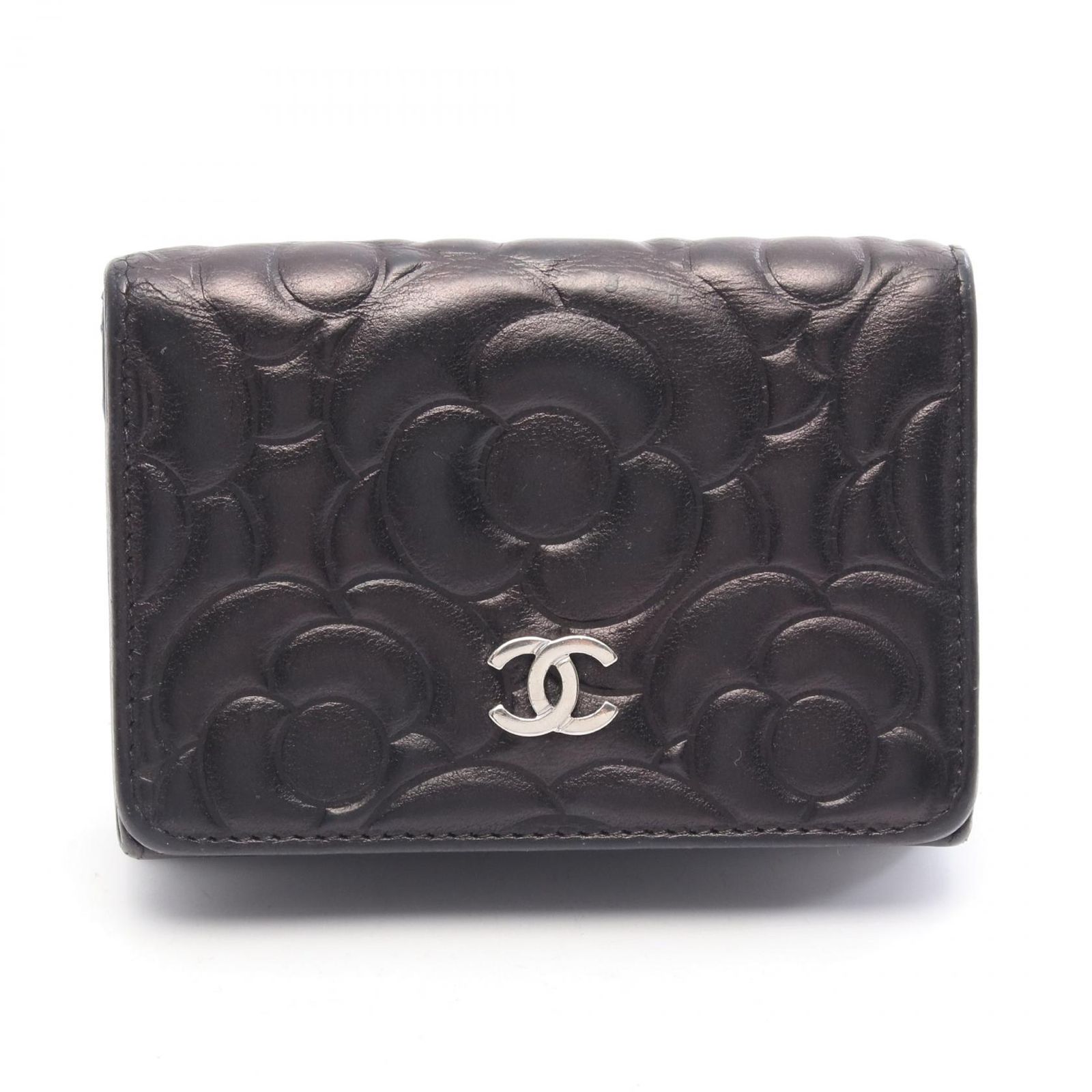 シャネル CHANEL 三つ折り財布 カメリア ココマーク ブラック レザー カメリア ココマーク 三つ折財布 レディース Used B
