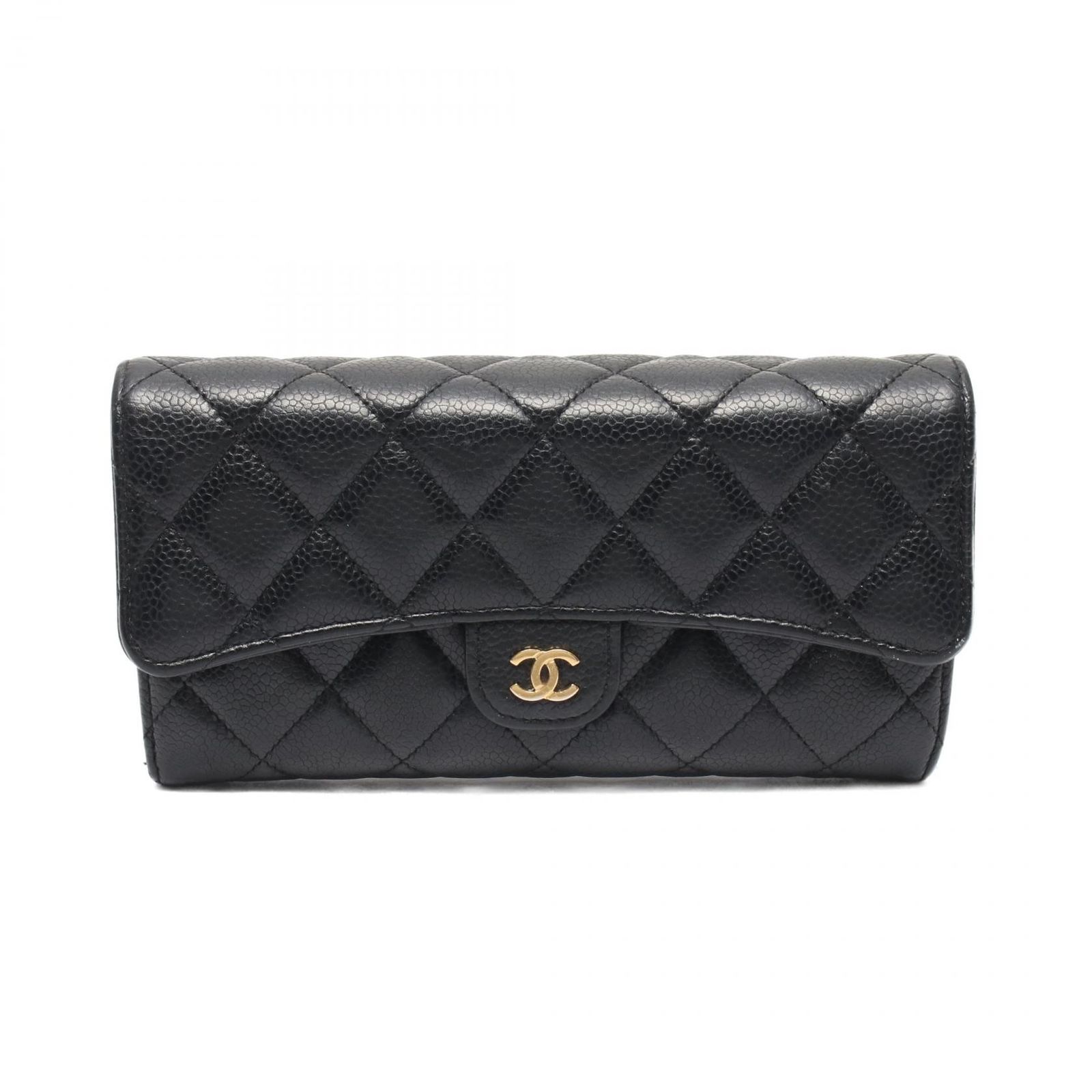 シャネル CHANEL 二つ折り長財布 マトラッセ A80758 ブラック キャビアスキン(グレインドカーフ) マトラッセ クラシック ロングフラップ長財布 レディース Used B