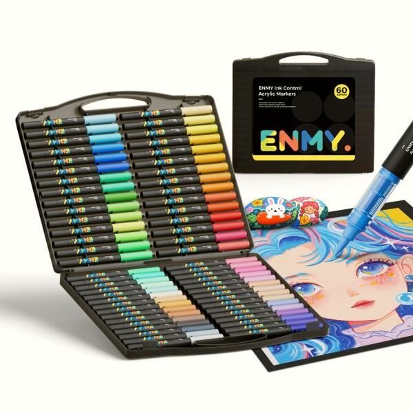 【送料無料】ENMY 60色セット 直液式 アクリルマーカー イラストマーカー 水性 筆ペン アートマーカー 美術 漫