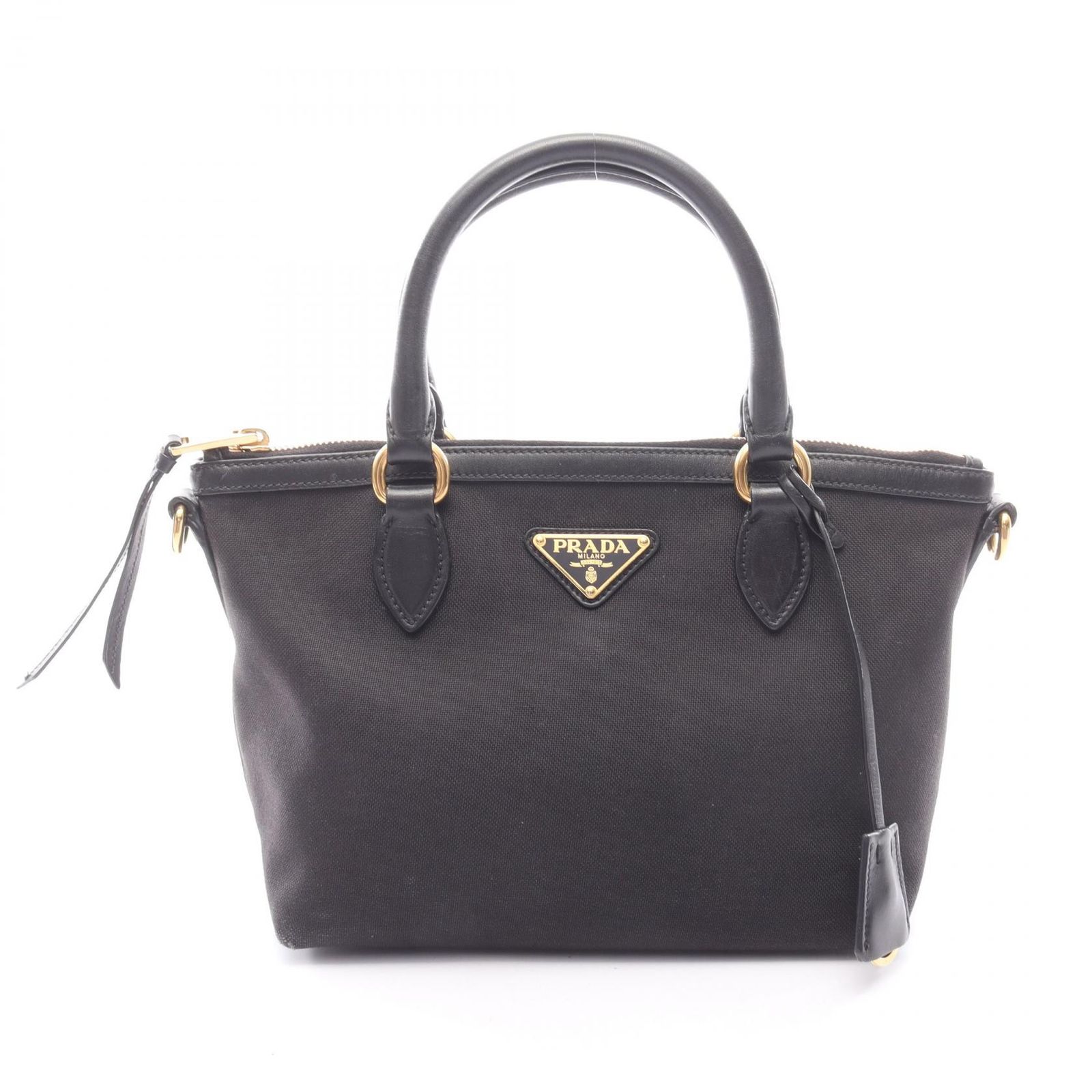 プラダ PRADA ハンドバッグ ブラック キャンバス レザー トライアングルロゴ 2wayショルダー レディース Used B