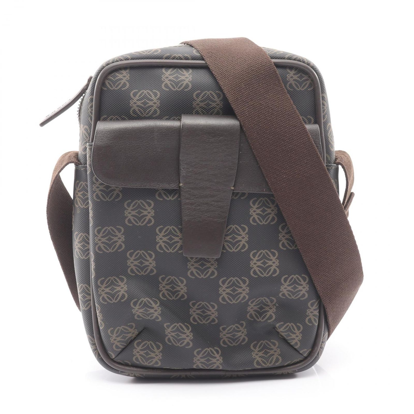 ロエベ LOEWE ショルダーバッグ リピートアナグラム ダークブラウン PVCコーティングキャンバス レザー アナグラム ショルダーバッグ レディース Used B