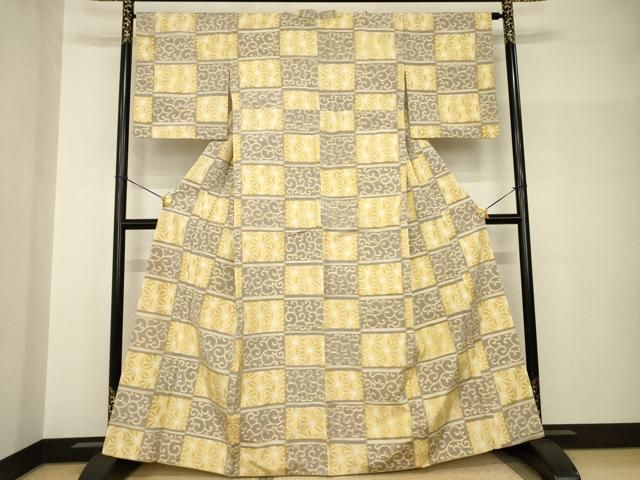 平和屋着物●上質な紬　市松麻の葉唐草文　正絹　逸品　AABH9551ck