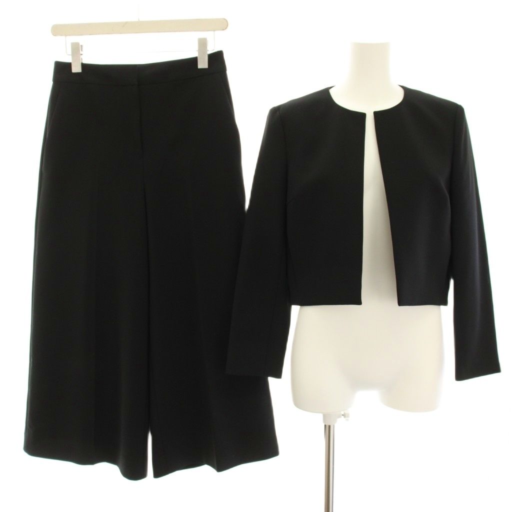 セオリー Theory 24SS TAILOR CREPE WIDE CROP PANT CL TAILOR JKT セットアップ 上下 ノーカラージャケット ショート丈 ワイドパンツ クロップド 0 黒 ブラック 01-4104103-050-700