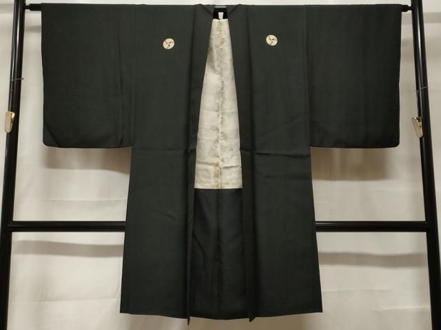 平和屋着物＃男性　黒紋付　長羽織　羽裏：草花文　正絹　逸品　CABF3869ev