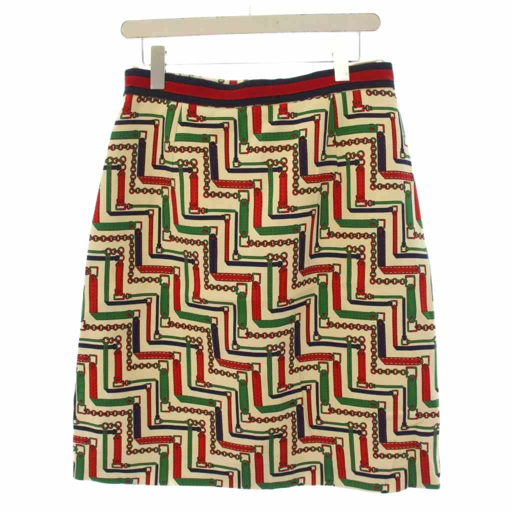 グッチ GUCCI ZIP25 チェーンベルト柄 タイトスカート ひざ丈 シルク ウール 44 白 赤 453833 /BM