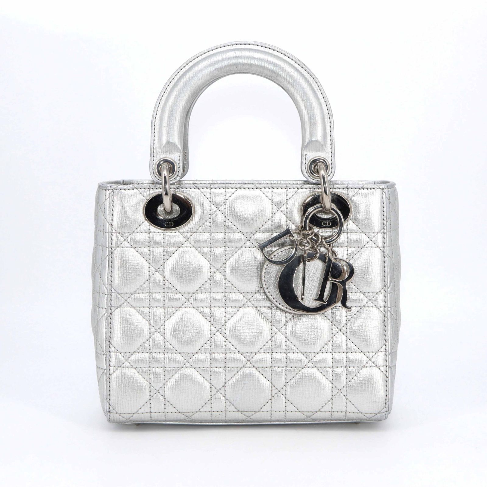 【中古】美品 Christian Dior Metallic Cannage Small Lady Dior ディオール ヴィンテージ メタリック スモール レディディオール バッグ シルバー