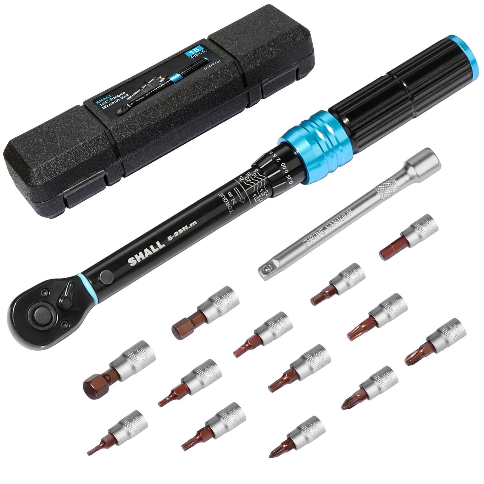 SHALL 1/4インチトルクレンチセット5-25N?m 15点組 14PCSアクセサリー（H2.5、H3、H4、H5、H6、H8、H10、PH1、PH2、PH3、T20、T25、T30、100mm延長バーが ー 自転車用 バイク 車★m 7a5f6fa5
