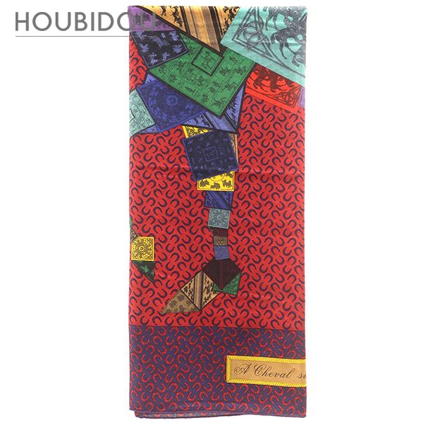 エルメス HERMES スカーフ カレ140 カレジェアン カシミヤ シルク レッド×ネイビー×マルチカラー 【A CHEVAL SUR MON CARRE/カレの馬に乗って】 【箱】【中古】