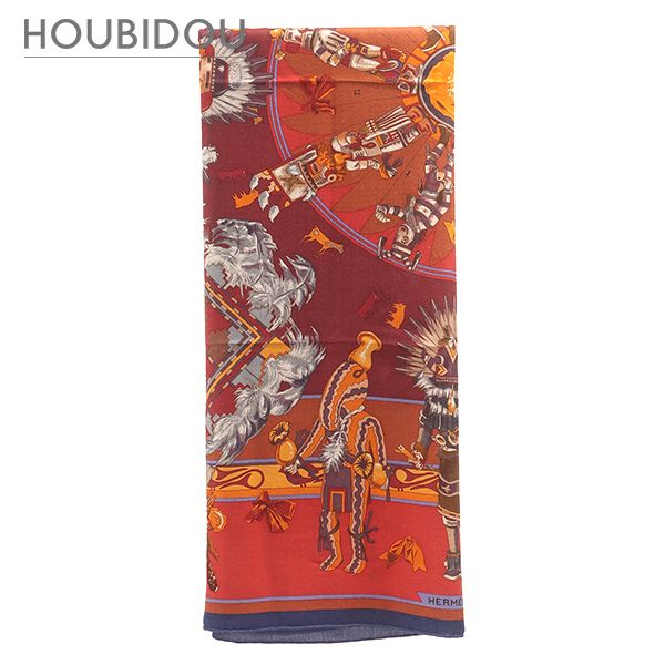 エルメス HERMES スカーフ カレ140 カレジェアン カシミヤ シルク レッド×オレンジ×ネイビー 【KACHINAS/カチナ】 【箱】【中古】