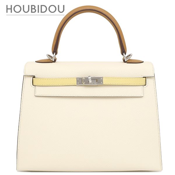 エルメス HERMES 2WAYバッグ ケリー25 外縫い トリコロール ヴォーエプソン ナタ×ジョーヌプッサン×セサミ シルバー金具 アイボリー 黄色 茶 U 【箱】【中古】