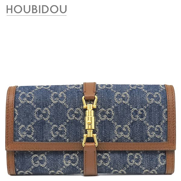 グッチ GUCCI チェーンウォレット ジャッキー1961 チェーン付き ウォレット レザー GGジャガードデニム ブルー×ブラウン ゴールド金具 デニム ショルダー 652681 【箱】【中古】