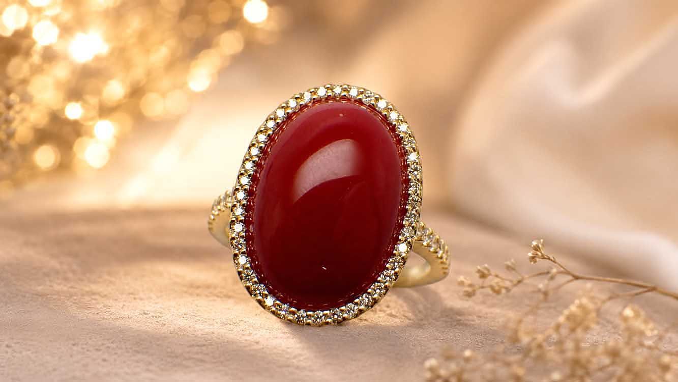 血赤珊瑚 ダイヤモンドリング K18 6.50g 18号 GRJソーティング付き Jewelry Oxblood Coral Dia0.37ct Ring