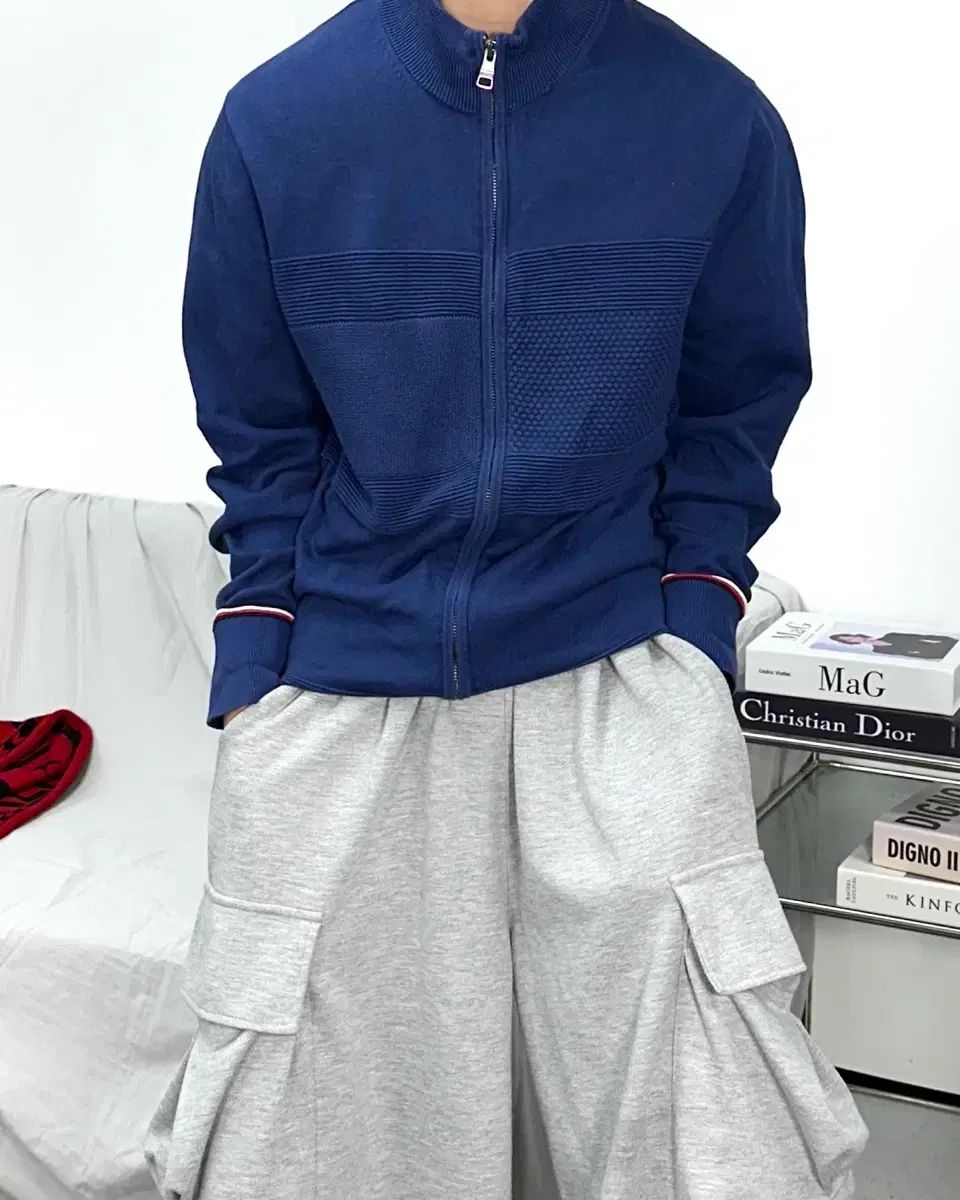 トミーヒルフィガー ブルー ニットジップアップ L
