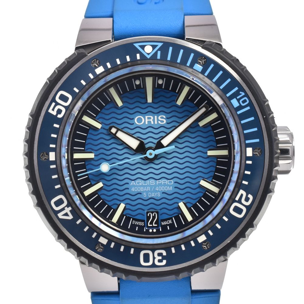 オリス ORIS 01 400 7777 7155 アクイスプロ 4000m デイト ブルー 自動巻き メンズ 美品 箱付き 腕時計 G#147460