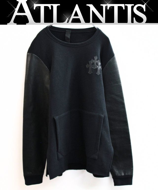 CHROME HEARTS 新宿店 クロムハーツ レザー切り替え スウェットシャツ CHプラスパッチ 長袖 メンズ size:S 黒 30805