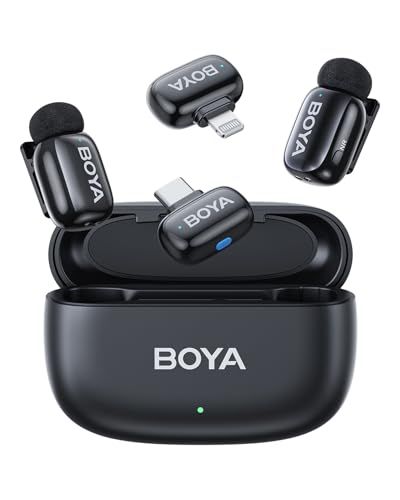 BOYA Mini 2 ワイヤレスマイク iPhone17-15/Android/PC 対応 USB-C/Lightningプラグ、MFI認証、ノイズキャンセリング、デュアルチャンネルマイク、APP制御、充電ケース付きで30時間バッテリー駆動 ビデオ 国内発送