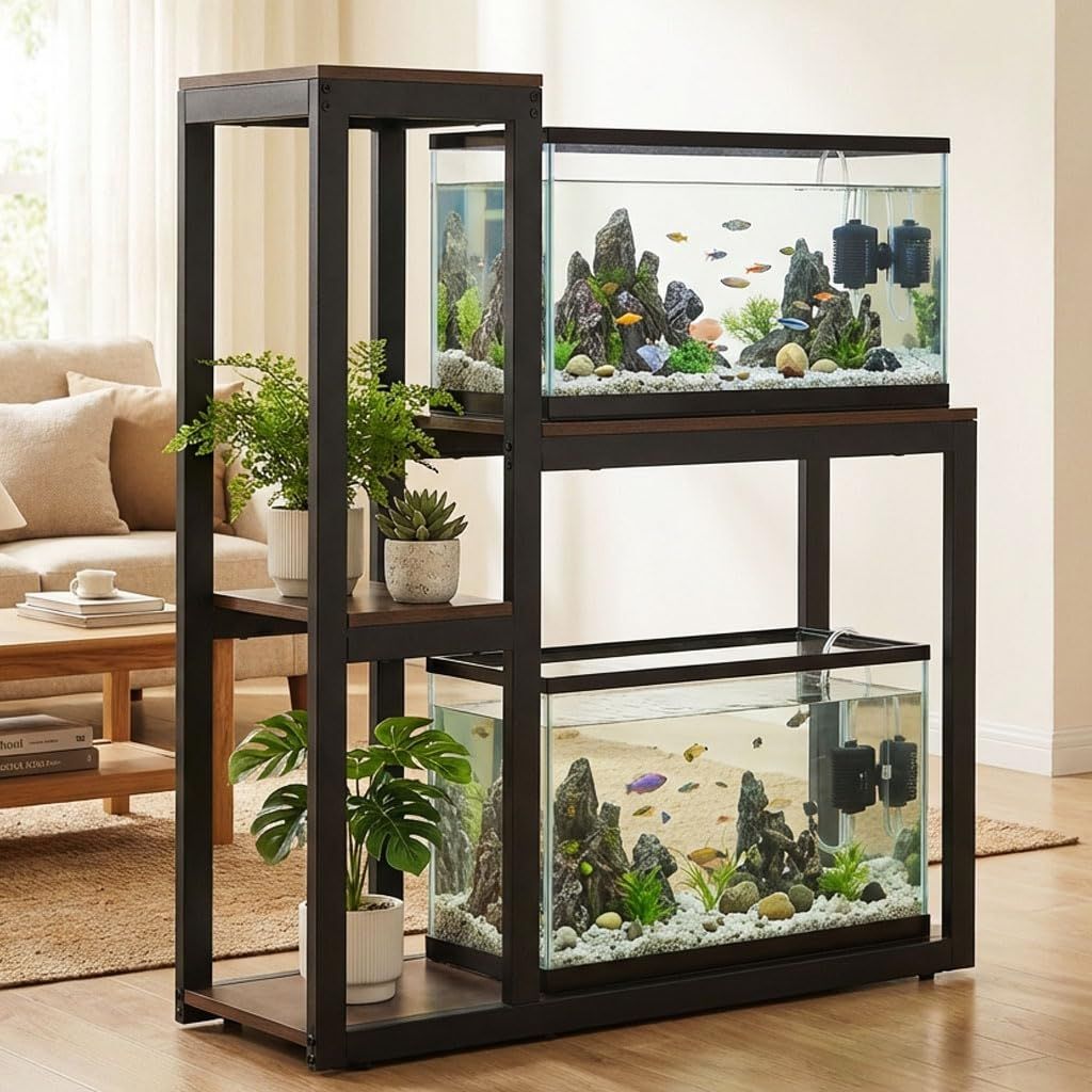 水槽台 水槽スタンド 耐荷重120kg 三段式収納ラック 水槽 キャビネット 強化スチールフレーム メラミン天板 木目調仕上げ 床調整アジャスター付き 小型水槽 熱帯魚 飼育用品収納 多用途ラックts 15b7fb99