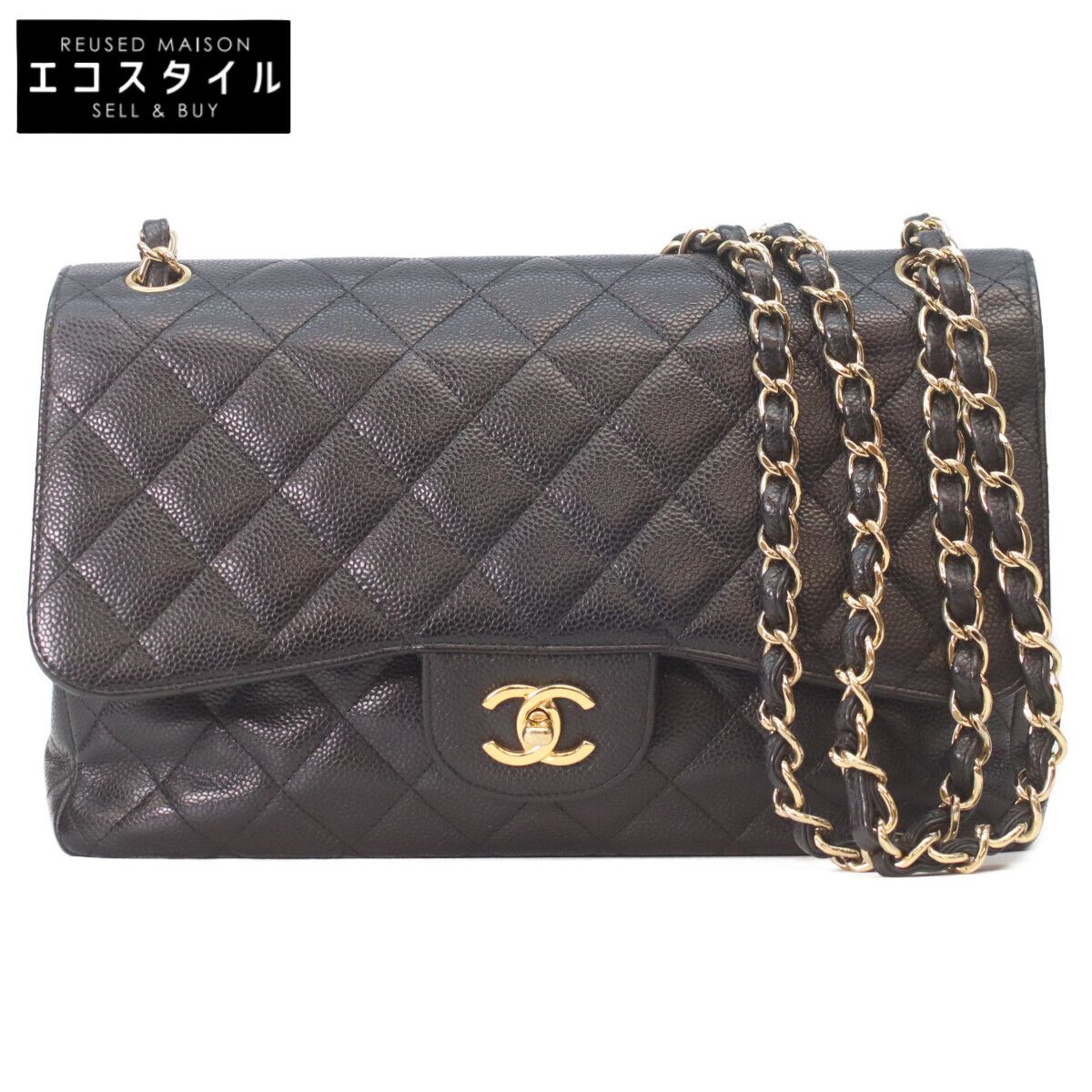 CHANEL シャネル A58600 黒ｷｬﾋﾞｱ ｺﾞｰﾙﾄﾞ金具 ﾀﾞﾌﾞﾙﾌﾗｯﾌﾟ ﾃﾞｶﾏﾄﾗｯｾ30