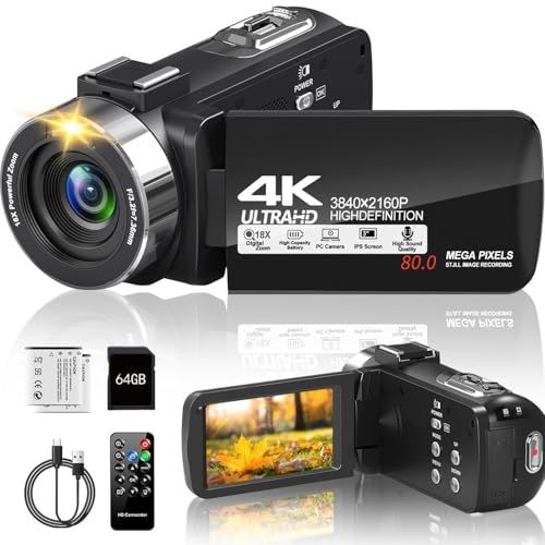 ビデオカメラ4K動画8000万画像数YouTubeカメラ ウェブカメラ 18倍デジタルズーム270度回転 3.0インチ IR赤外線暗視Vlogカメラ 一時停止機能タイムラプス＆スローモーション検知 LEDフィルライトリモコン付き 予備バッテリ fffa95b2