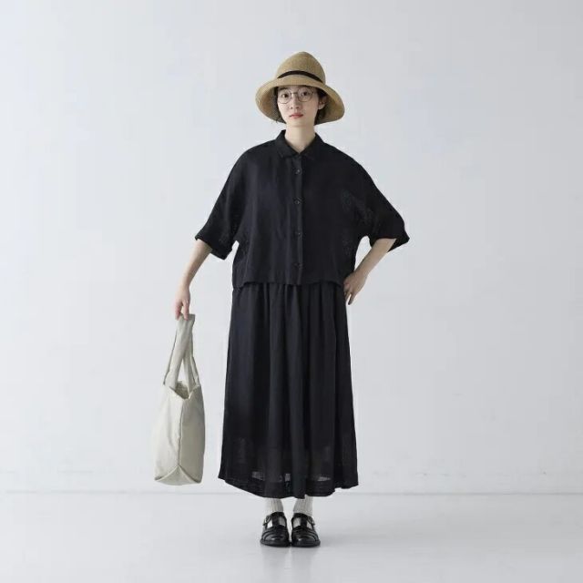 Cion (シオン) | リネンガーゼドルマンスリーブシャツ (black) | トップス レディース 麻