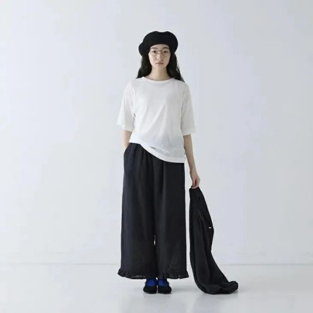 Cion(シオン) | リネンガーゼフリルワイドパンツ (black) | 麻 リネン レディース 26ss
