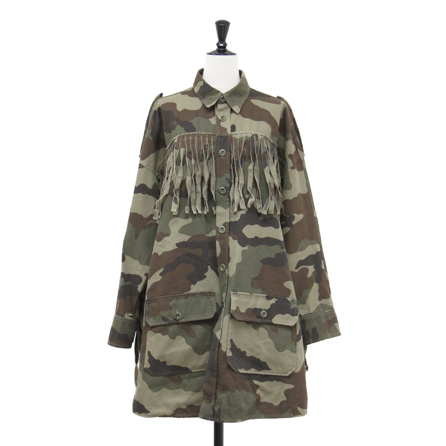 FAITH CONNEXION フェイス コネクション シャツ カーキ サイズ:XS | カモフラ柄 フリンジ シャツ / ジャケット | 長袖 オーバーサイズ 迷彩 コットン | トップス【レディース】【中古】