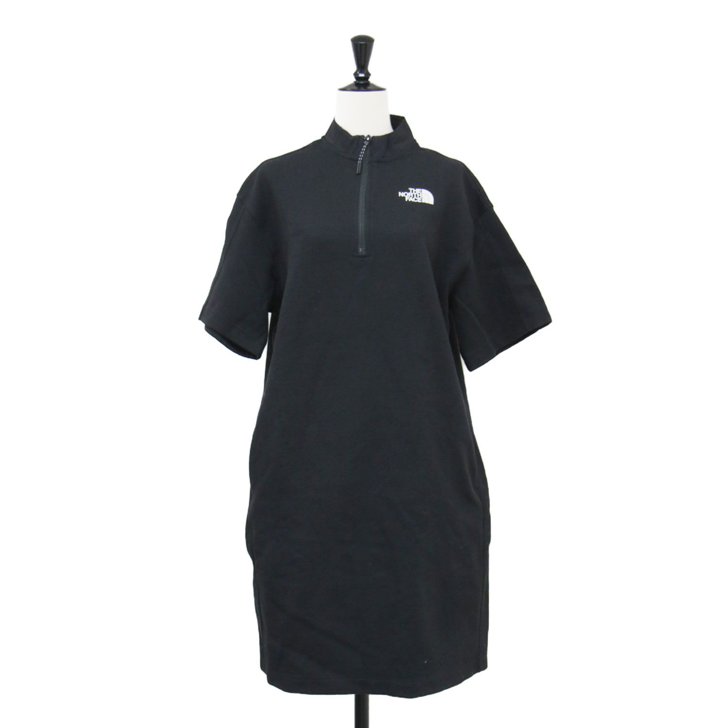 【新品】THE NORTH FACE ノースフェイス ワンピース ブラック 黒 サイズ:M | ハーフジップ 半袖 ワンピース / ミディ丈 スタンドカラー Iライン コットン | トップス【レディース】