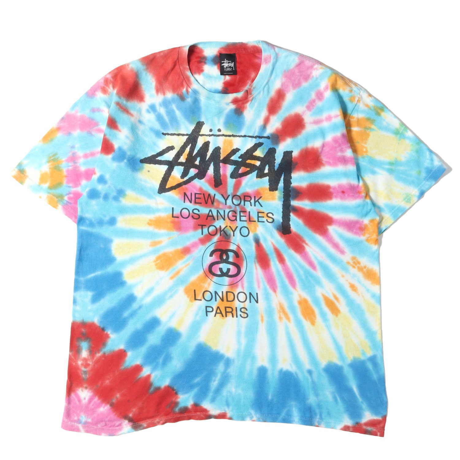 STUSSY ステューシー Tシャツ ブルー レッド系 サイズ:XL | タイダイ染め ワールドツアーロゴ Tシャツ | トップス カットソー 半袖【メンズ】【中古】