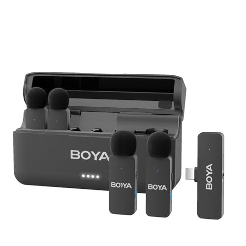 BOYA BY-V4U ピンマイク ワイヤレスマイク iPhone 15/16/17シリーズ対応 Type Cデバイス対応 4人用スマホマイク ノイズキャンセリング 200m伝送距離 18時間使用可能 小型 クリップ式 配信用マイク 全指向性 充電ケ 国内発送