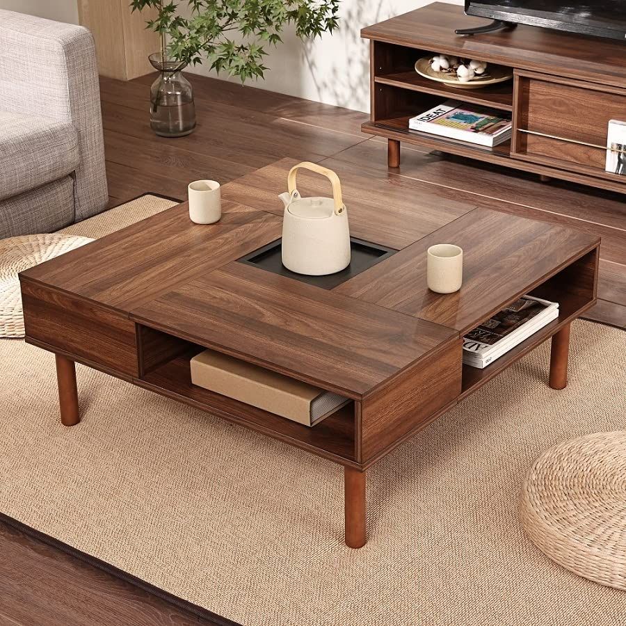 【新品】ローテーブル センターテーブル 正方形 木制 コーヒーテーブル ちゃぶ台 座卓 コンパクト収納 隠し収納スペース付き リビング用テーブル 幅80×奥行80cm×高さ33cm ウォールナット W02K2081A b2b0616e