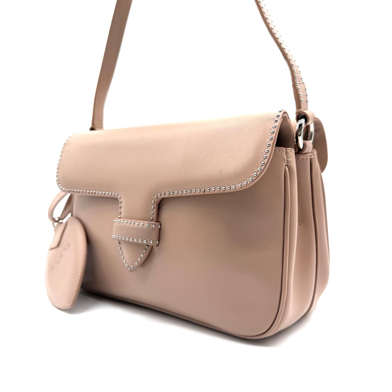 【超希少✨】ALAIA アライア ショルダーバッグ ダブルフラップ レザー ピンクベージュ スタッズ ラインストーン 廃盤 鏡付き y2k shoulderbag pink beige studs leather mirror