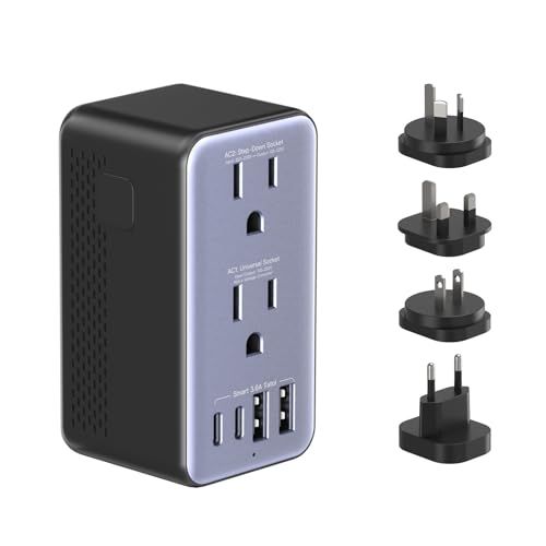 海外旅行用変圧器 220Vから100V 変換｜変換プラグ 全世界対応｜広電圧ソケット1個＋降圧ソケット1個＋USBポート4個（USB-C×2）｜変換プラグ A/BF/C/Oタイプ対応｜アメリカ・韓国・オーストラリア・イギリス・中国など対応kk ca6cddb1