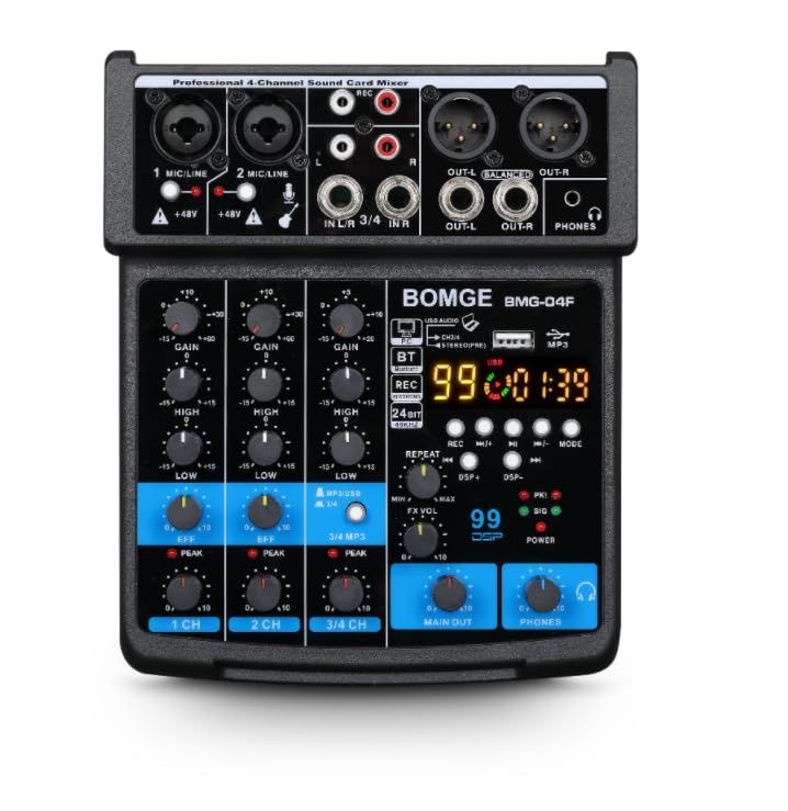 BOMGE-04F 4チャンネルdjオーディオサウンドミキサー、MP3 / USB Bluetooth、ステレオレコード/ 48V / 16 DSPエコーエフェクト、ライブブロードキャスト、カラオケ、パフォーマンス、教会の歌、音楽制作 (BL c643229e