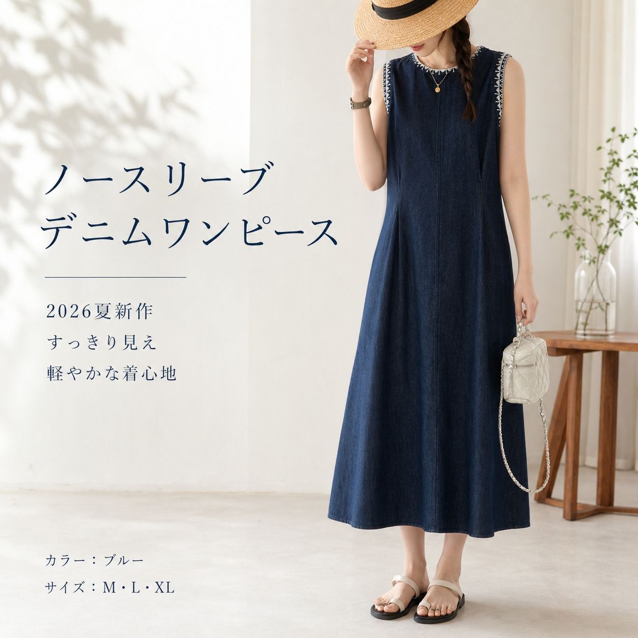 【送料無料】デニムワンピース レディース 夏 ノースリーブ ロング丈 フレンチカジュアル レトロ 刺繍デザイン 高腰 Aライン ゆったり 体型カバー プルオーバー ファスナー付き ブルー M L XL 2026新作 きれいめ おしゃれ