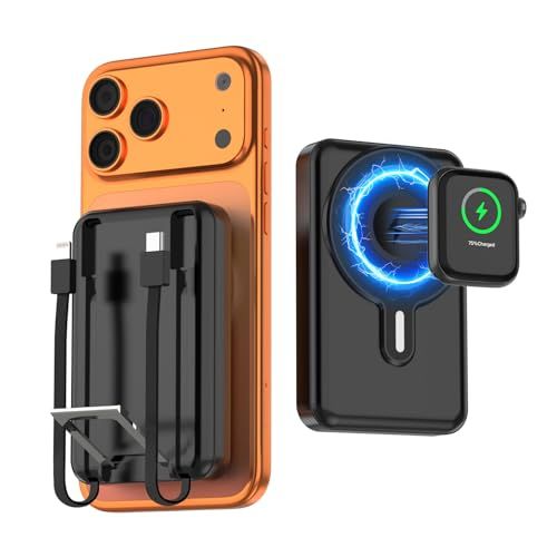 Magsafe対応 10000mAh大容量 PD22.5W急速充電 6台同時充電可能 ワイヤレス マグネット式ワイヤレス充電対応 Type-C入出力ポート搭載 4つケーブル内蔵 LED残量表示 パワーバンク マグセーフ充電器 コンパクト 軽量 14c45a87