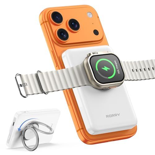 【最強 3in1ワイヤレス充電】RORRY magsafe対応 小型 軽量 (10000mAh 15W 1.8cm薄型) アップルウォッチ 充電器 マグセーフ マグネット式 (スマホリング付き/スタンド・回転可能) For Apple Wat 269522d5