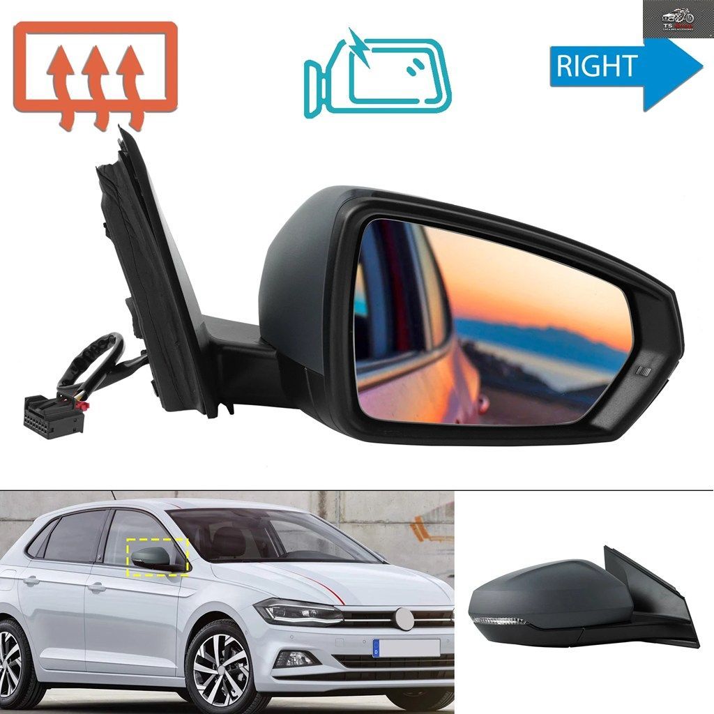 右側ドアウイングミラーアセンブリプライマー VW ポロ 2017年以降 AW1 BZ1 AE1 ミラーインジケーター付き ヒーター付きガラス