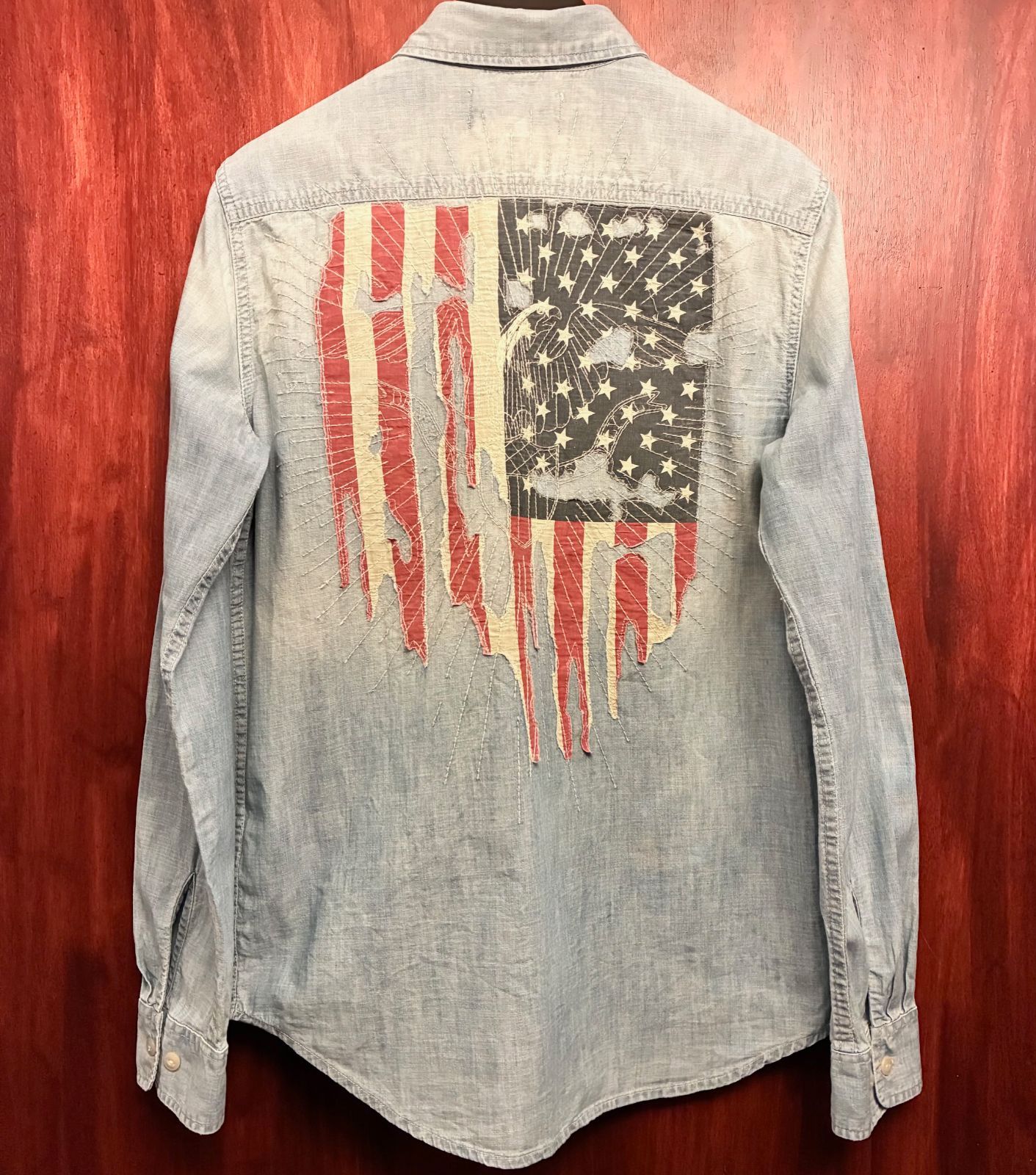 DENIM & SUPPLY RALPH LAUREN 星条旗 バック刺繍入り 長袖ダンガリーシャツ ライトインディゴ Sサイズ